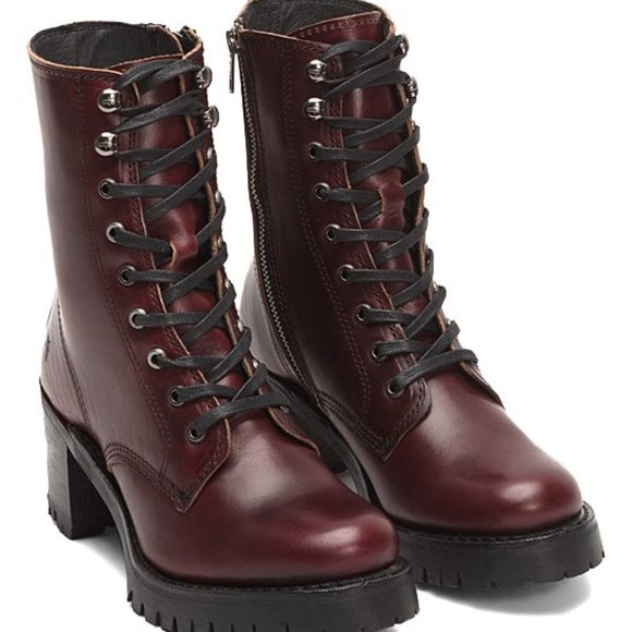 $528 Frye Sabrina Moto Oxblood Burgundy Red Lace Up Leather Combat Ankle Boot - Picture 2 of 16